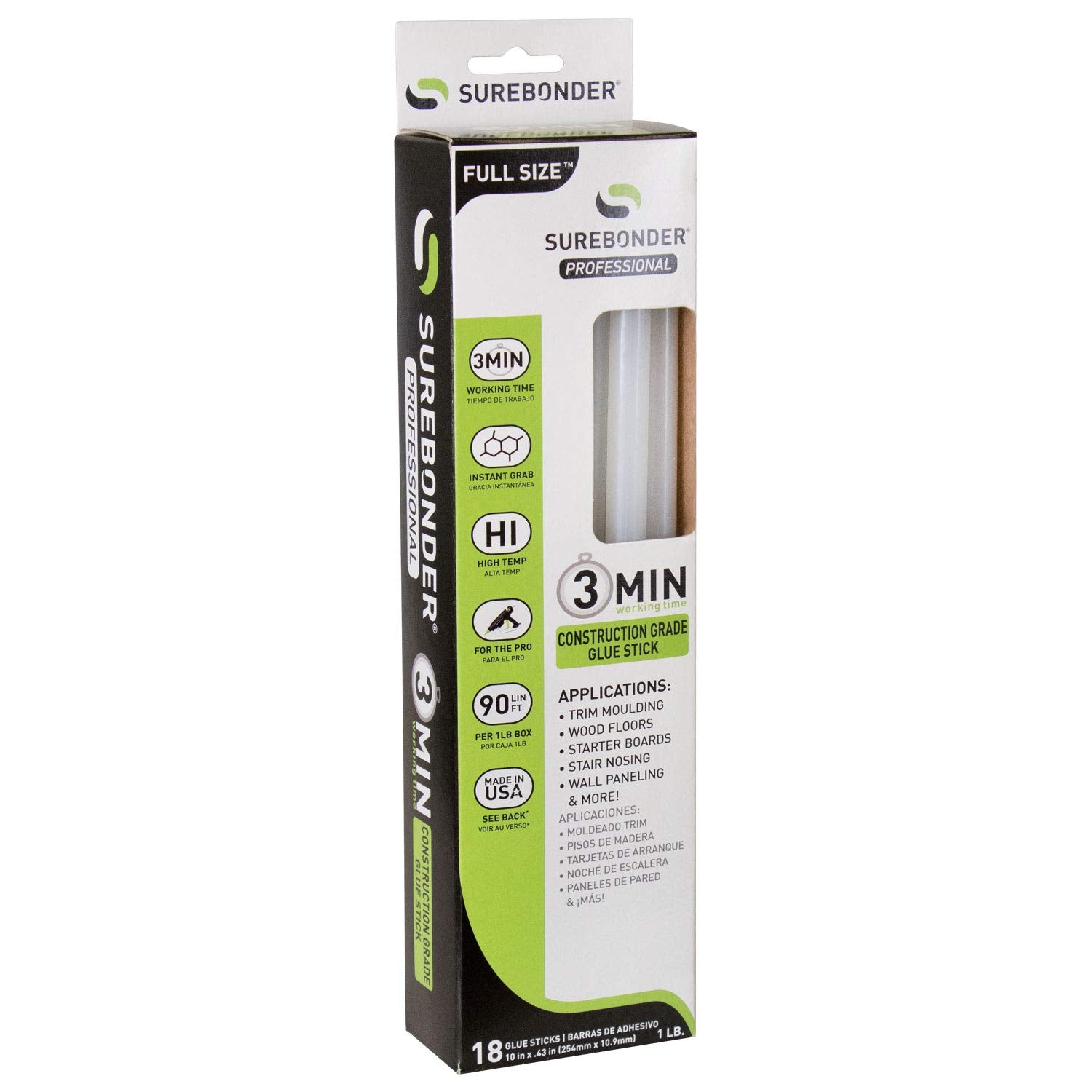 Surebonder Construction Professional Grade Adhesive Hot Melt Glue Sticks - Full Size 10" L, 0.43" D - 1 Minute Working Time, for Home Repairs & Strong Bonds, (CG-1R10T)